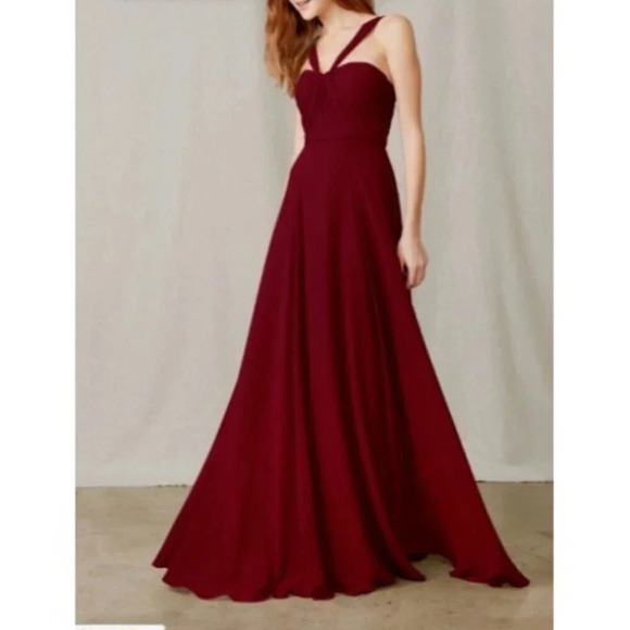 Amsale Sz 0 Cerisa Ruby Bridesmaid Gown‎ Full Chiffon Skirt Ruched Bodice GB033F - Picture 2 of 11